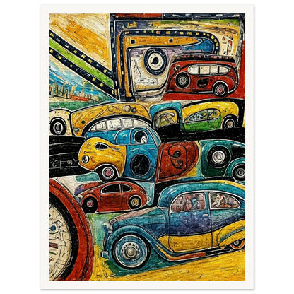 A lively artwork featuring vibrant, multi-colored vintage cars in various shapes and sizes on a winding road, showcasing a playful take on travel and motion.