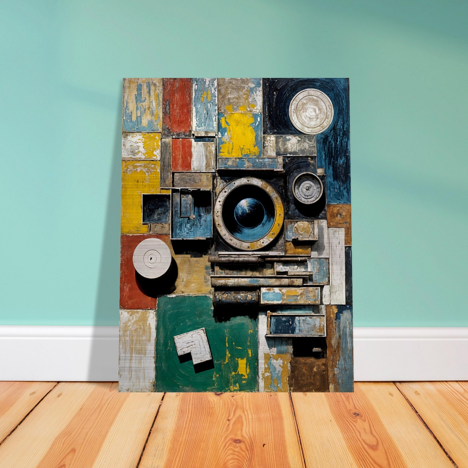 A textured abstract composition resembling an aged mechanical structure, featuring geometric panels, circular elements, and distressed paint in blue, gold, and white.