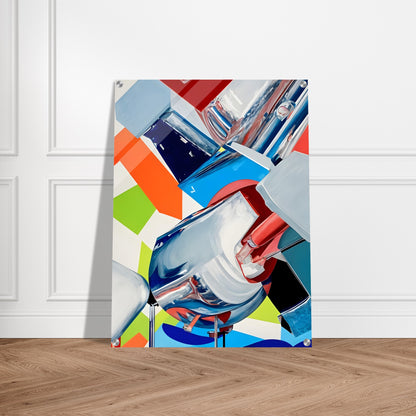 A futuristic composition featuring dynamic metallic structures reflecting bold hues of red, blue, green, and orange, set against a geometric background.