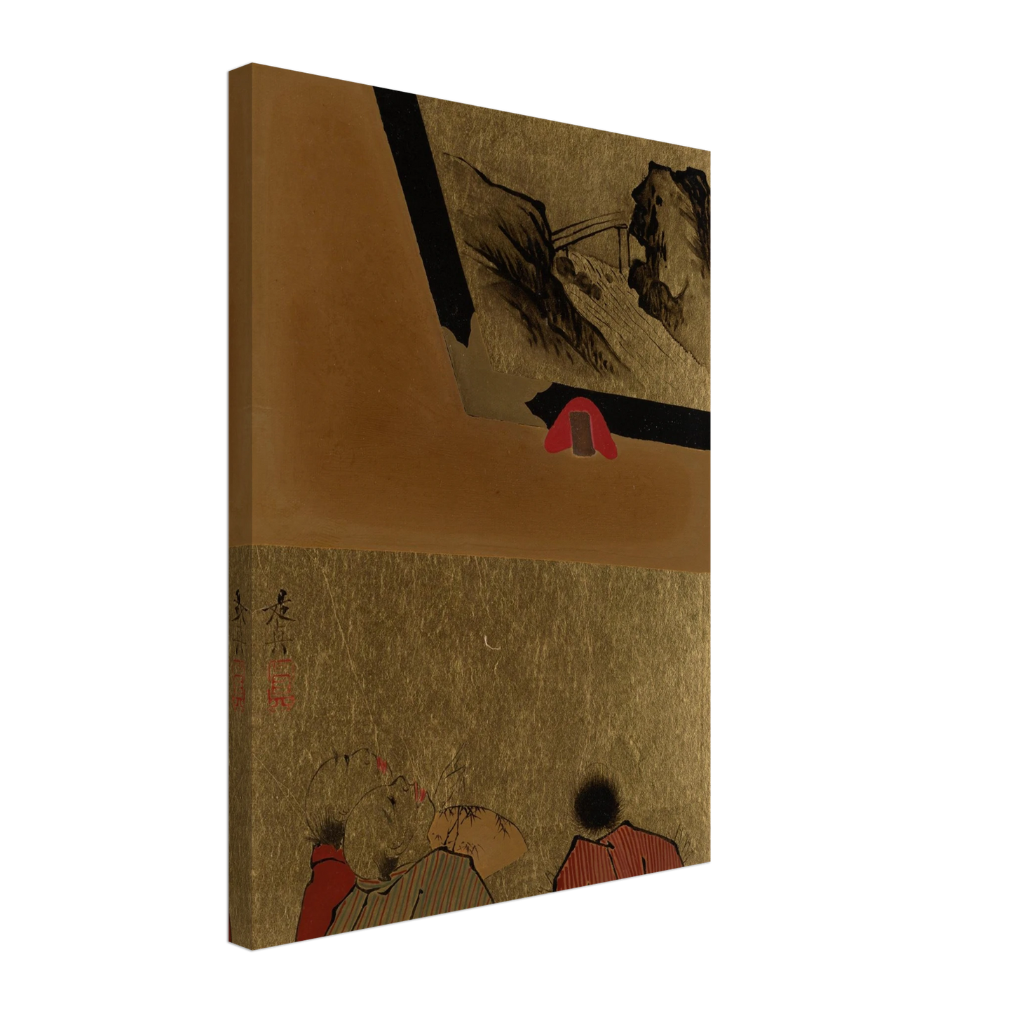 Three men view a framed lacquer drawing on gold paper in a Japanese album leaf