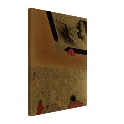 Three men view a framed lacquer drawing on gold paper in a Japanese album leaf