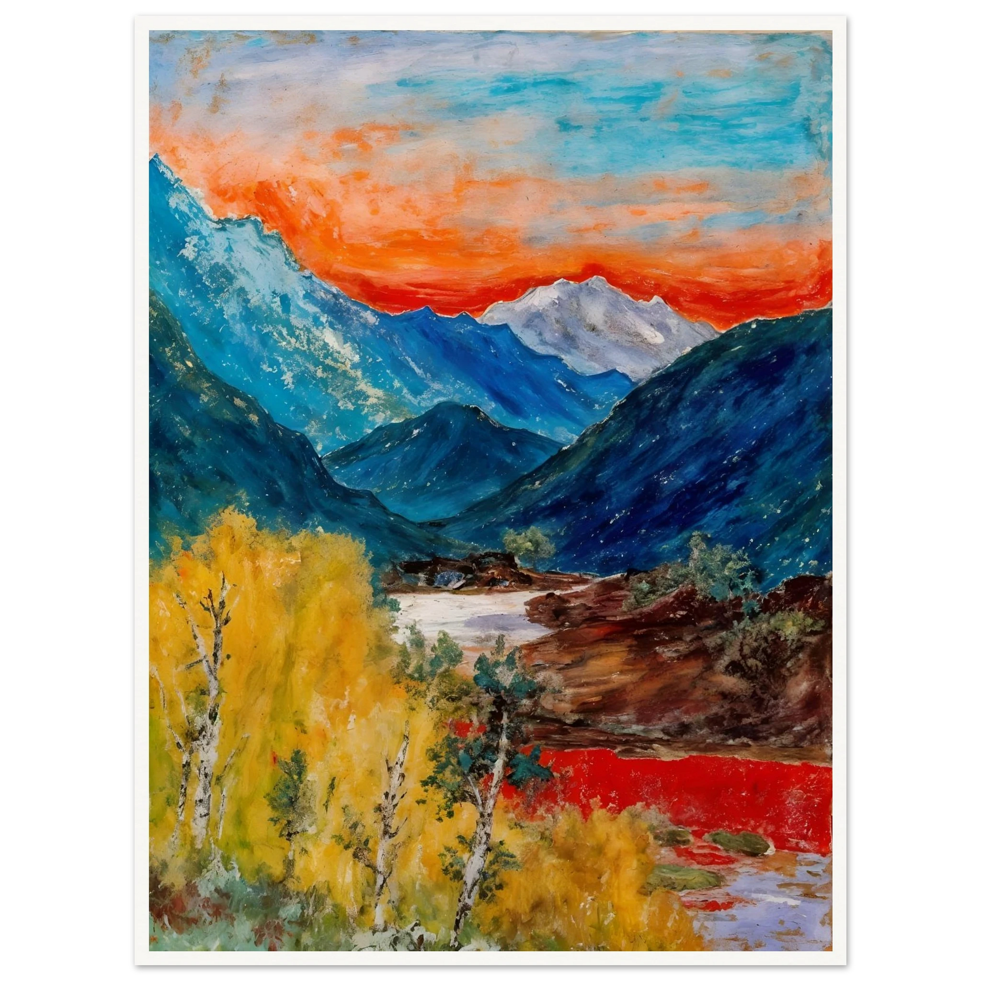 Snow-capped peaks rise above deep blue valleys and golden trees, beneath a fiery sunset glowing across the horizon.