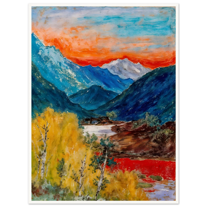 Snow-capped peaks rise above deep blue valleys and golden trees, beneath a fiery sunset glowing across the horizon.