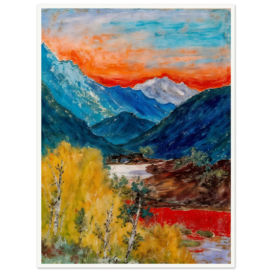 Snow-capped peaks rise above deep blue valleys and golden trees, beneath a fiery sunset glowing across the horizon.