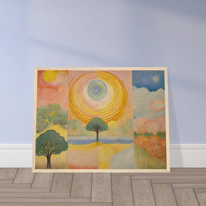 A vibrant painting featuring a large sun at the center, surrounded by abstract trees and colorful landscapes on either side.