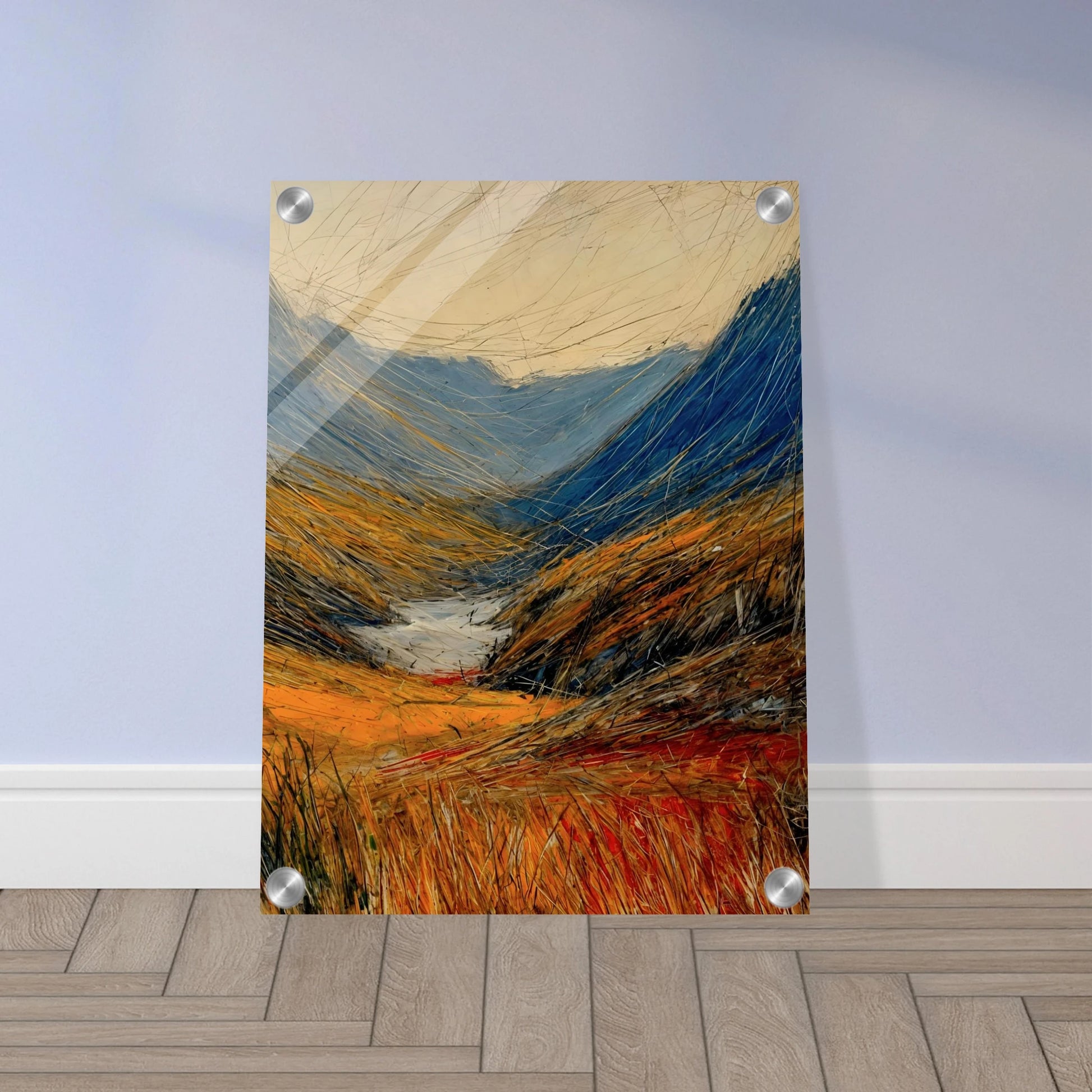 Windswept valley of golden grasses and deep blue mountains painted with vivid, dynamic strokes under a pale sky.
