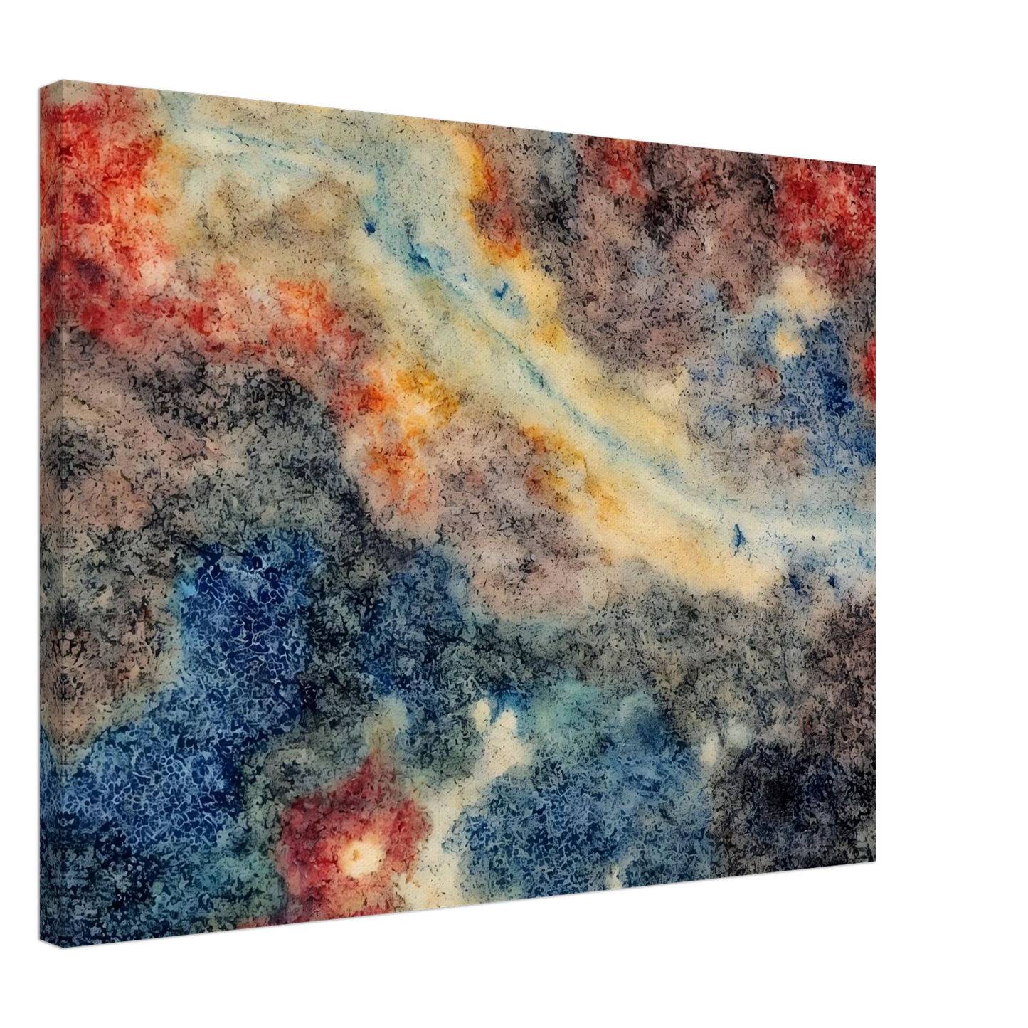 An abstract composition of swirling blue, gray, cream, and crimson textures resembling a distant nebula or galaxy, with organic patterns and flowing celestial forms.