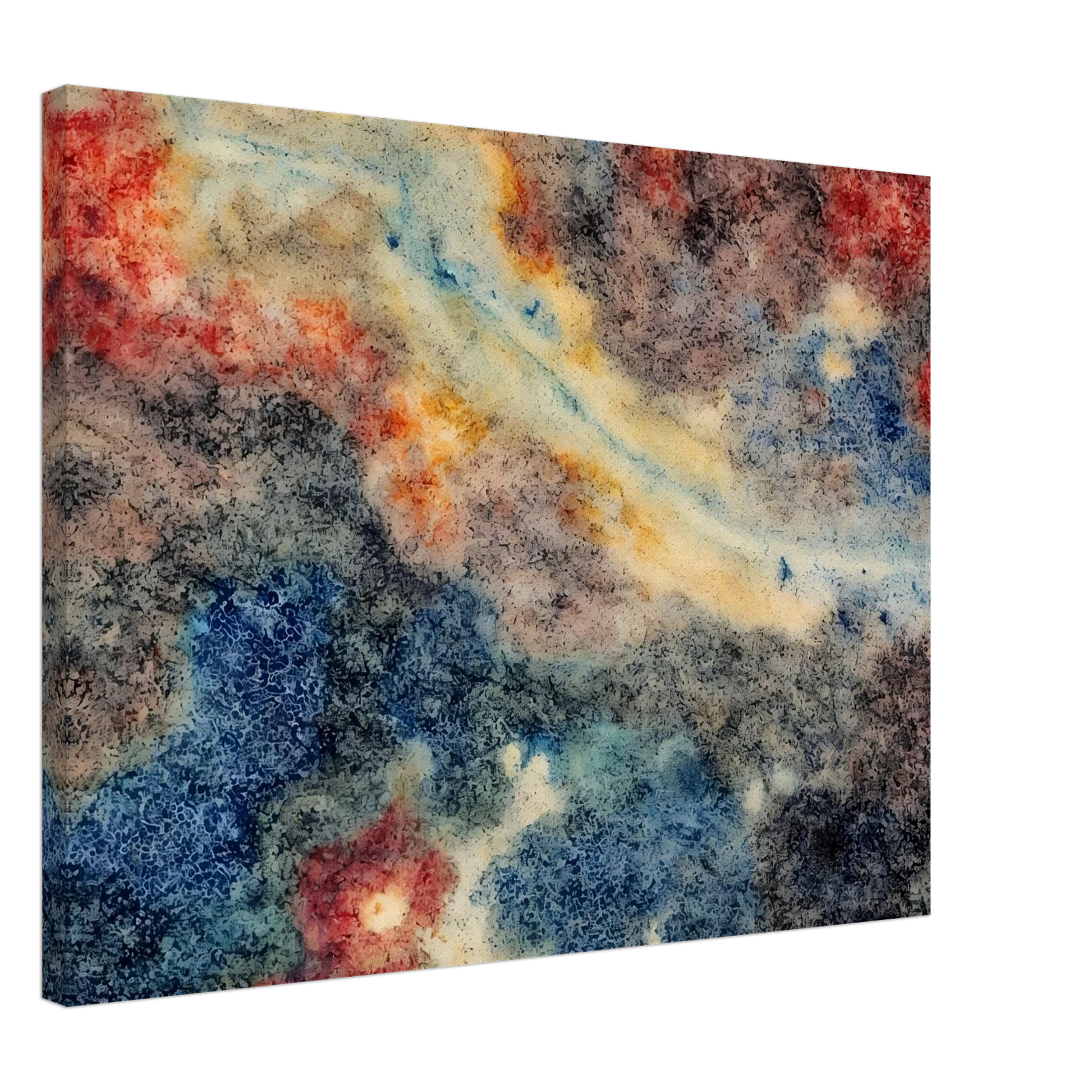 An abstract composition of swirling blue, gray, cream, and crimson textures resembling a distant nebula or galaxy, with organic patterns and flowing celestial forms.