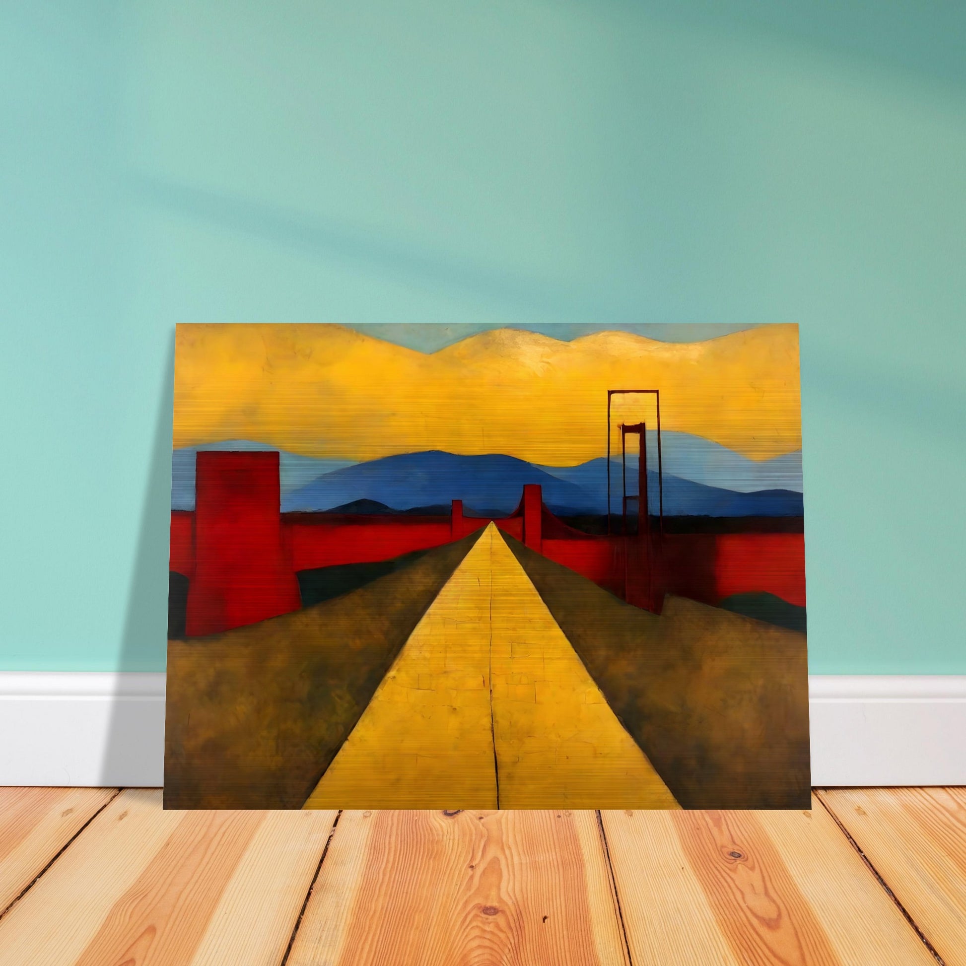 Modern artwork of a bright yellow road stretching into the distance, bordered by red structures, with blue mountains and golden skies in the background.