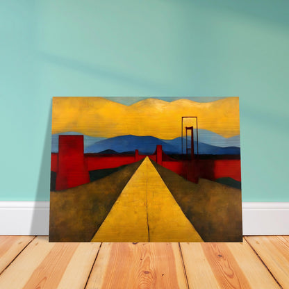 Modern artwork of a bright yellow road stretching into the distance, bordered by red structures, with blue mountains and golden skies in the background.