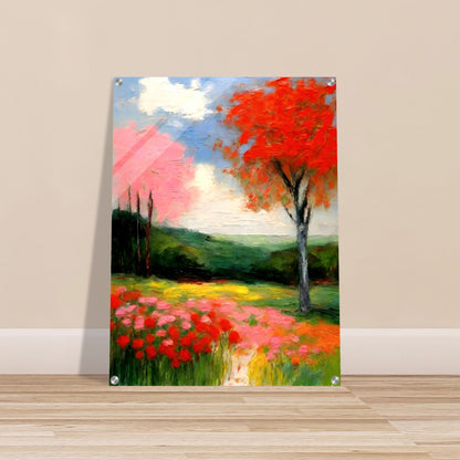 A lush landscape filled with vibrant red, pink, and yellow blossoms beneath a bright sky, featuring a striking autumnal tree with fiery foliage.