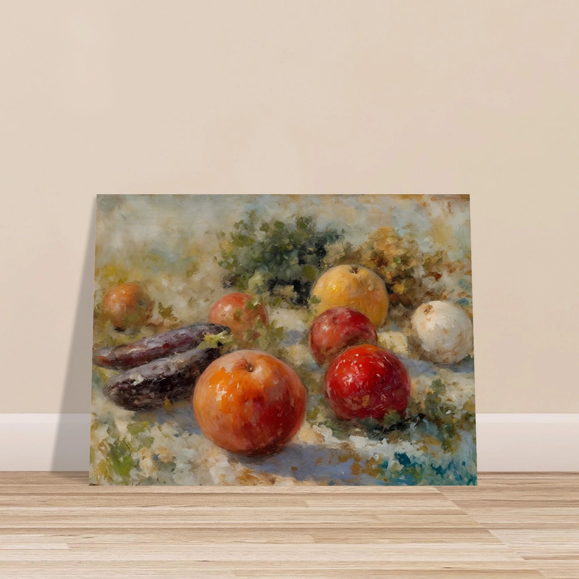 A realistic still life of assorted fruits, including apples, oranges, and eggplants, arranged with leafy greens in soft natural light.