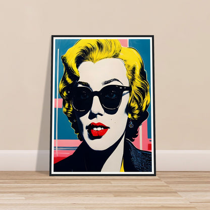 Vibrant pop art-style portrait of a woman with blonde hair, bold red lips, and dark sunglasses against a colorful geometric background.