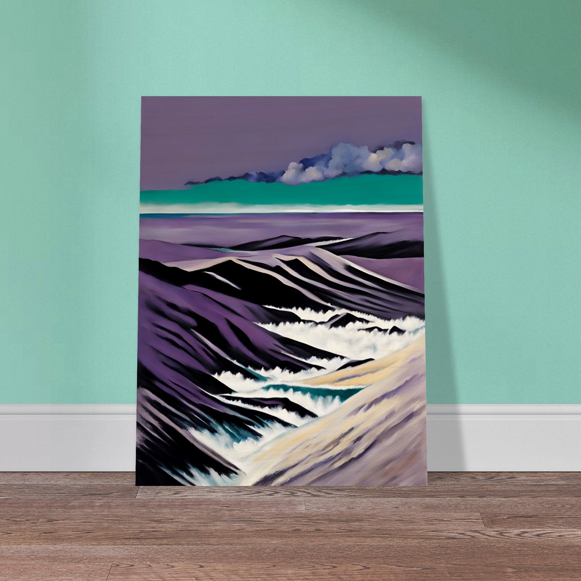 A striking seascape with deep purple mountains, foamy white waves, and a teal horizon beneath dramatic cloud formations.