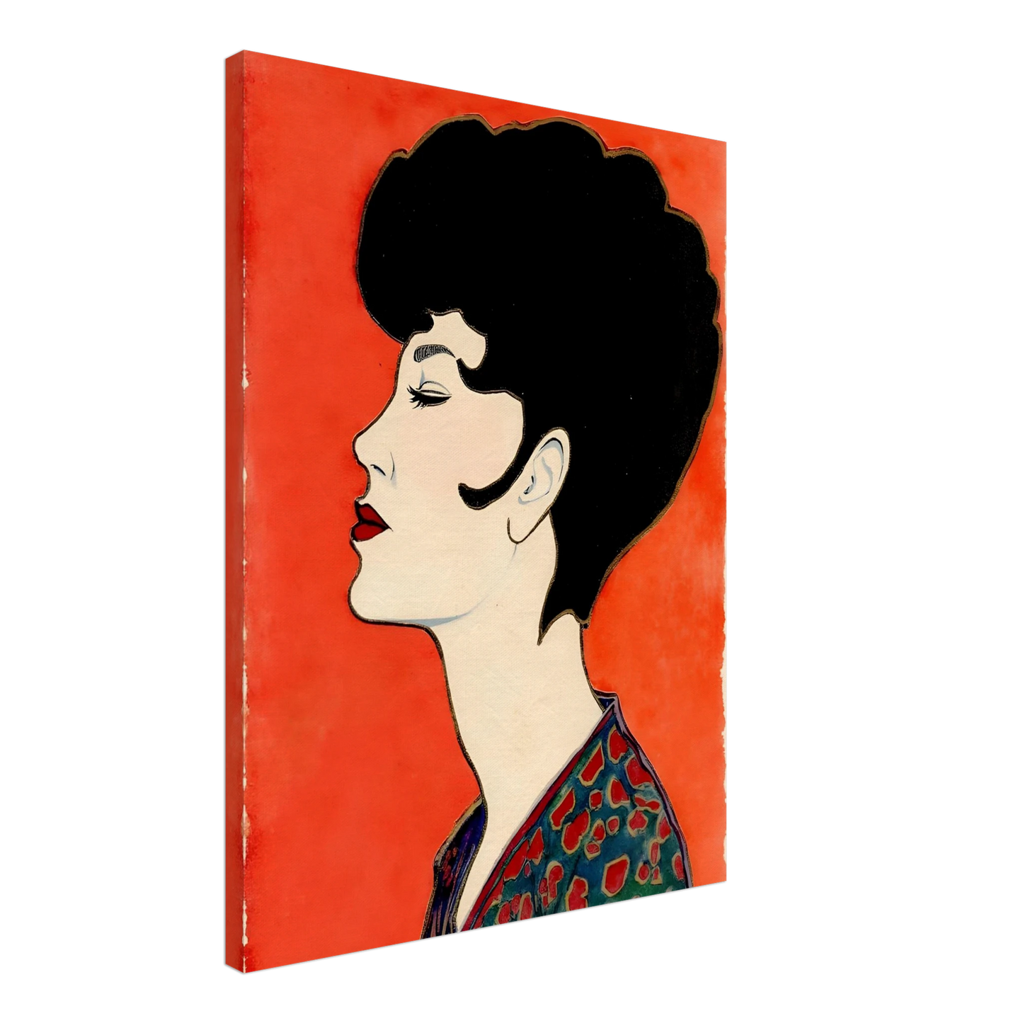 Elegant side-profile portrait of a woman with sculpted dark hair, vivid red lips, and patterned attire set against a radiant scarlet backdrop.