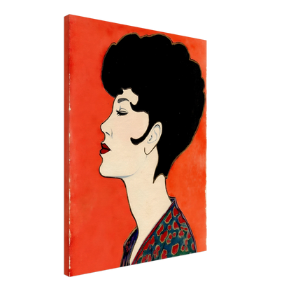 Elegant side-profile portrait of a woman with sculpted dark hair, vivid red lips, and patterned attire set against a radiant scarlet backdrop.