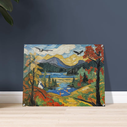 "A colorful autumn landscape featuring a mountain lake, vibrant trees, birds in flight, and a serene nature scene under a golden sky."