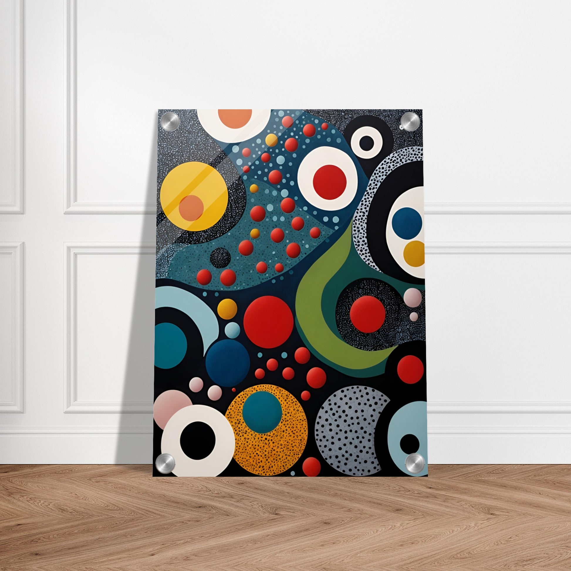 A vibrant geometric painting with bold circles, dots, and flowing shapes in red, blue, yellow, and black, resembling a cosmic abstract scene.