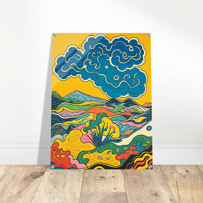 A vivid, psychedelic landscape of colorful hills and blue swirling clouds under a golden sky.