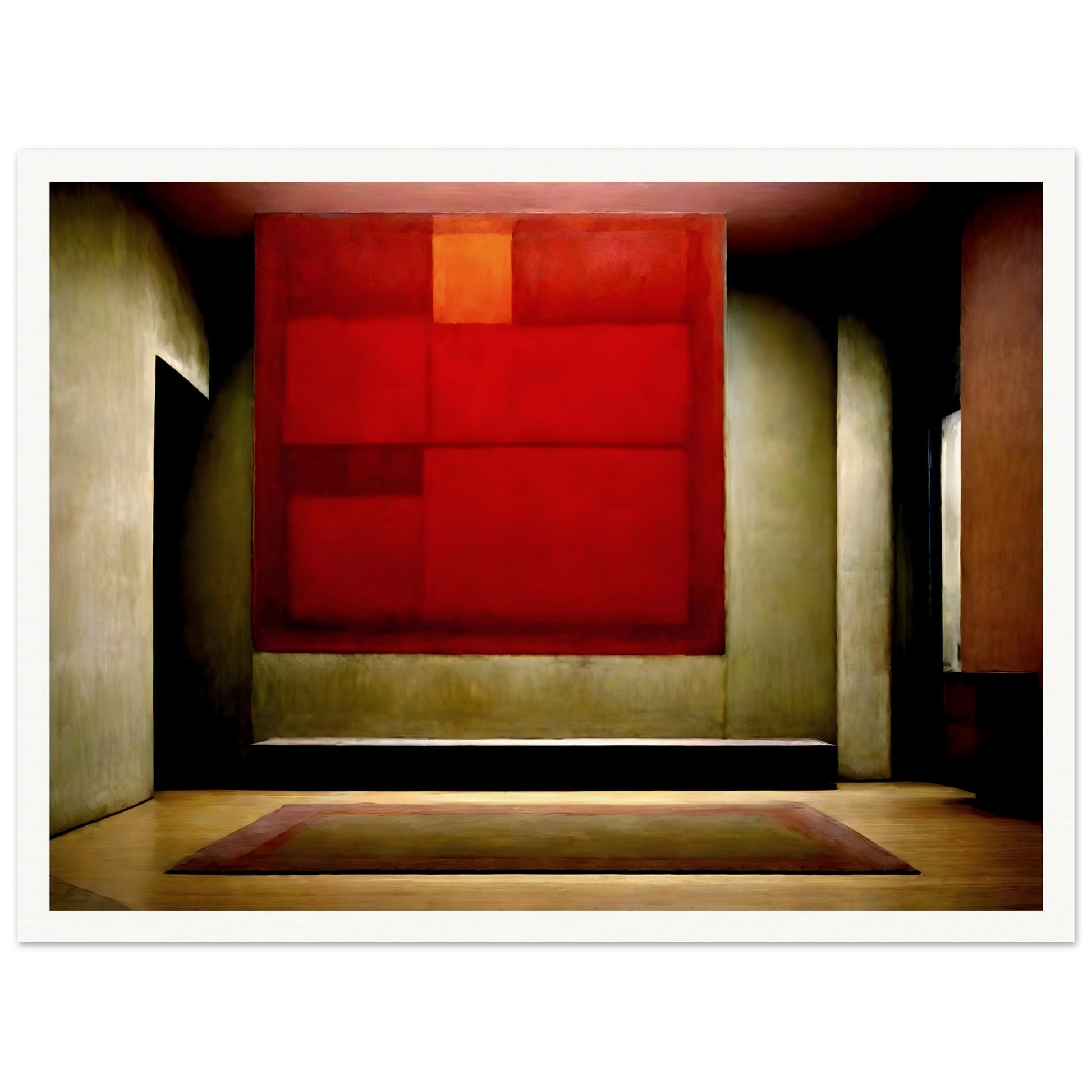 A moody interior featuring a large red abstract painting suspended in a dimly lit space, with soft shadows and warm earthy tones creating a contemplative atmosphere.