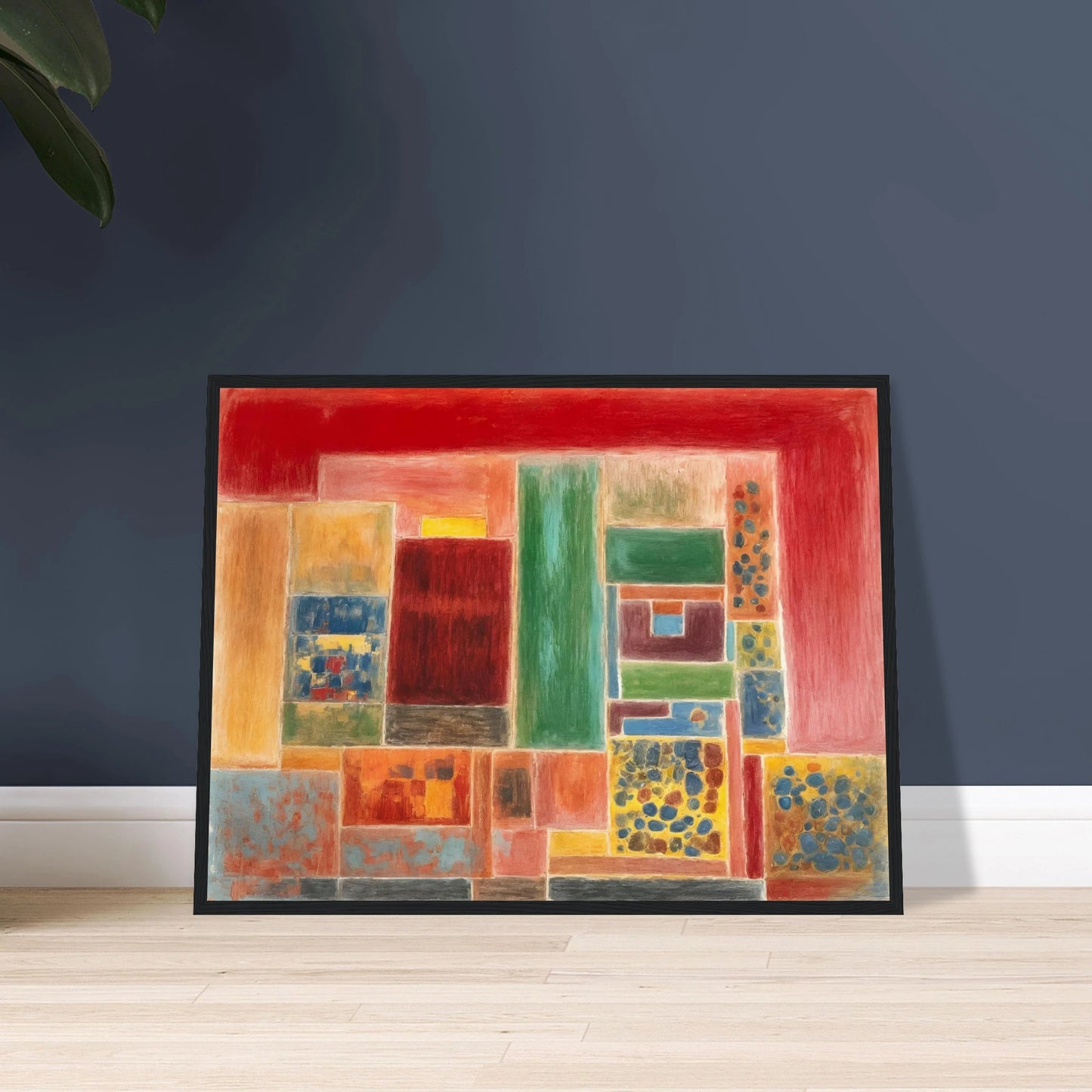 A vivid patchwork of red, green, yellow, and blue rectangles forming a rhythmic grid of warmth and texture.