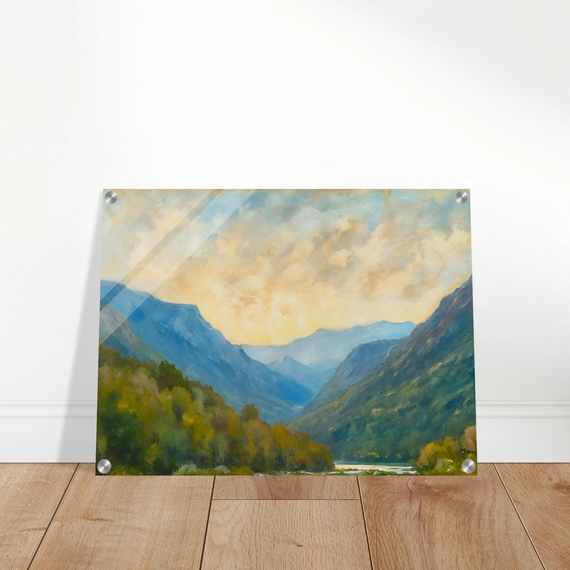 Peaceful mountain valley scene with layered blue ridges, autumn foliage, and a cloudy golden sky.