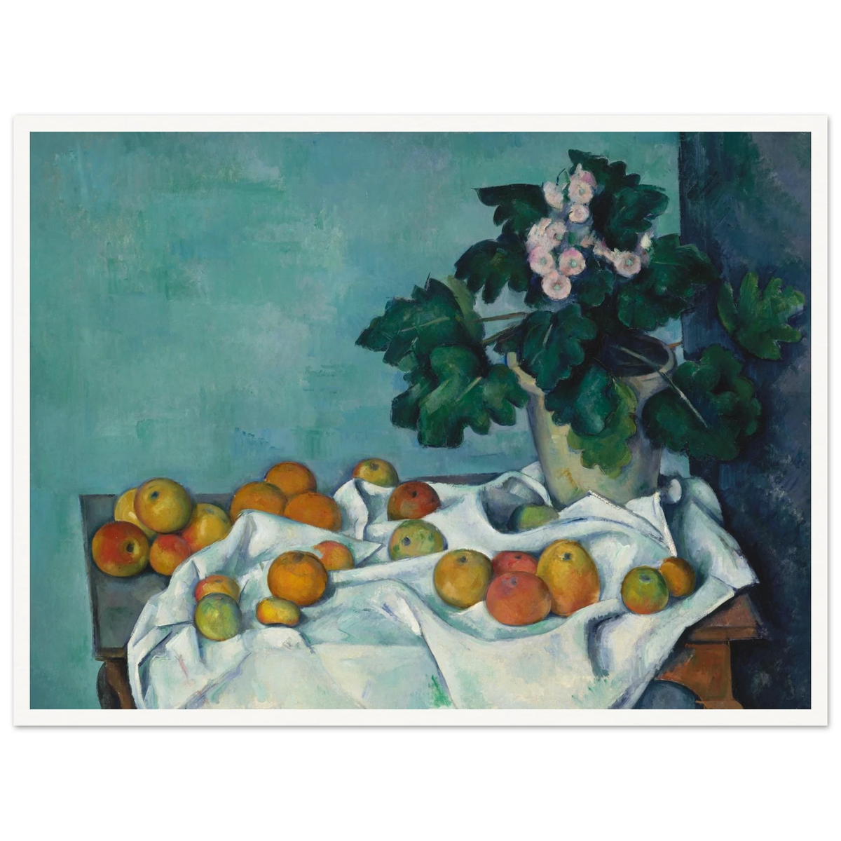 Apples on a white cloth beside a potted primrose plant against a blue-green wall.