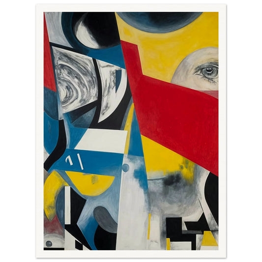 An abstract composition with bold geometric shapes in vibrant colors, including red, yellow, blue, and black. The image features an eye peeking through a red triangular shape, surrounded by swirling patterns and sharp angles, creating a sense of disjointed perception and complexity