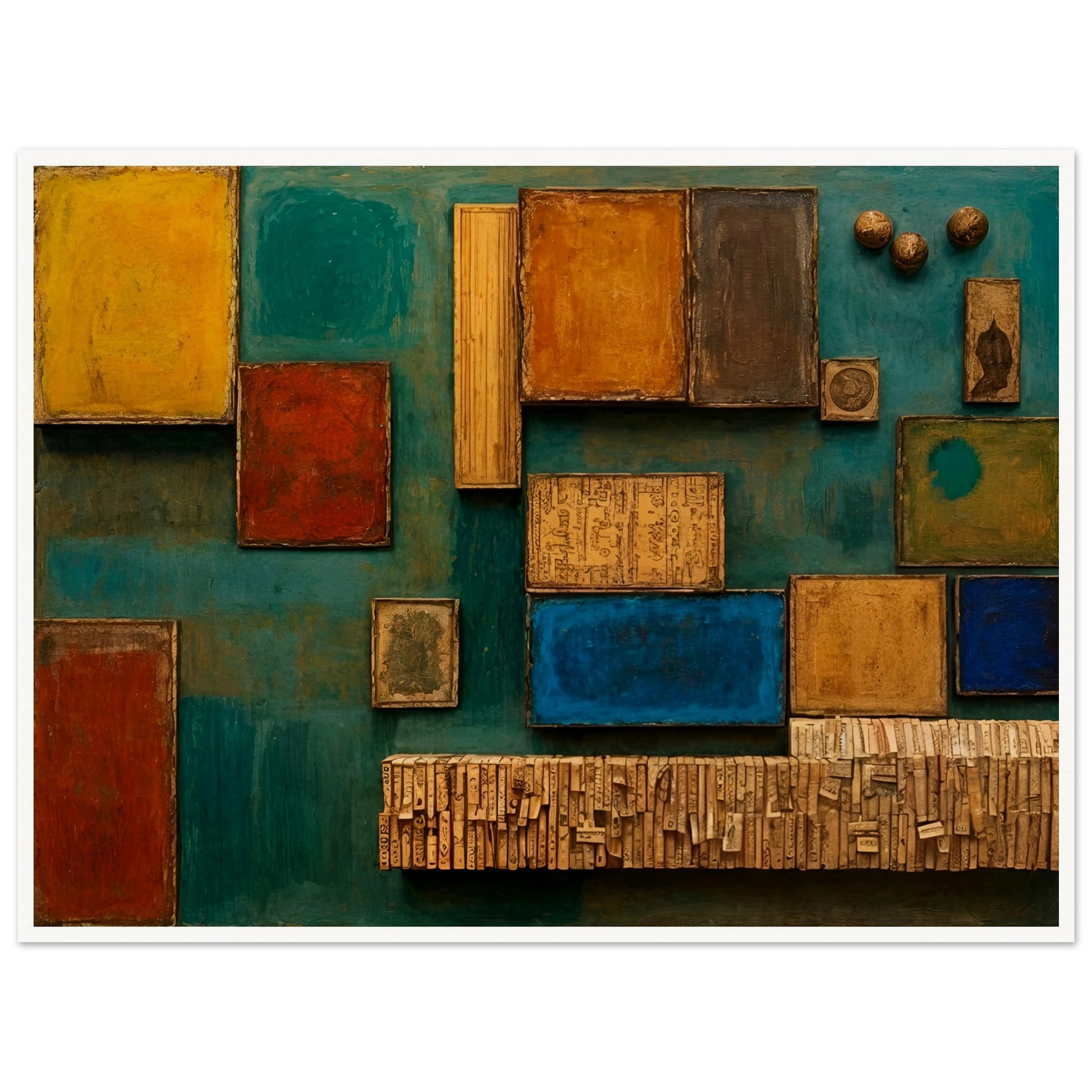 A textured mixed-media artwork with wooden blocks, vintage paper, and rich colors like teal, ochre, and deep red, forming an intricate geometric collage.