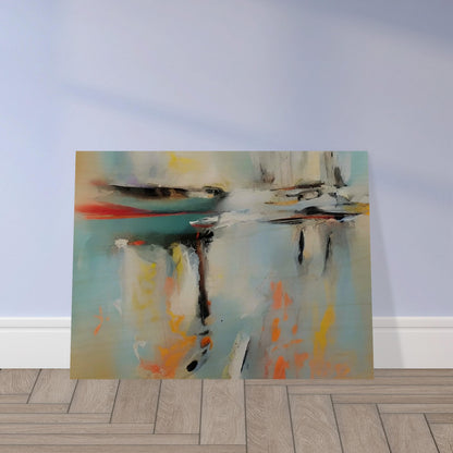 An abstract painting with soft, blurred colors reflecting on a calm water surface, creating a serene and tranquil atmosphere.