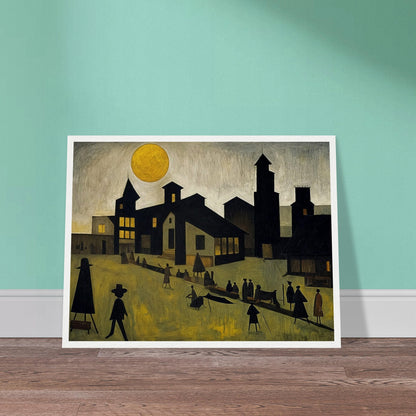 A painting depicting a town under a large sun with silhouetted figures walking and interacting in the foreground.