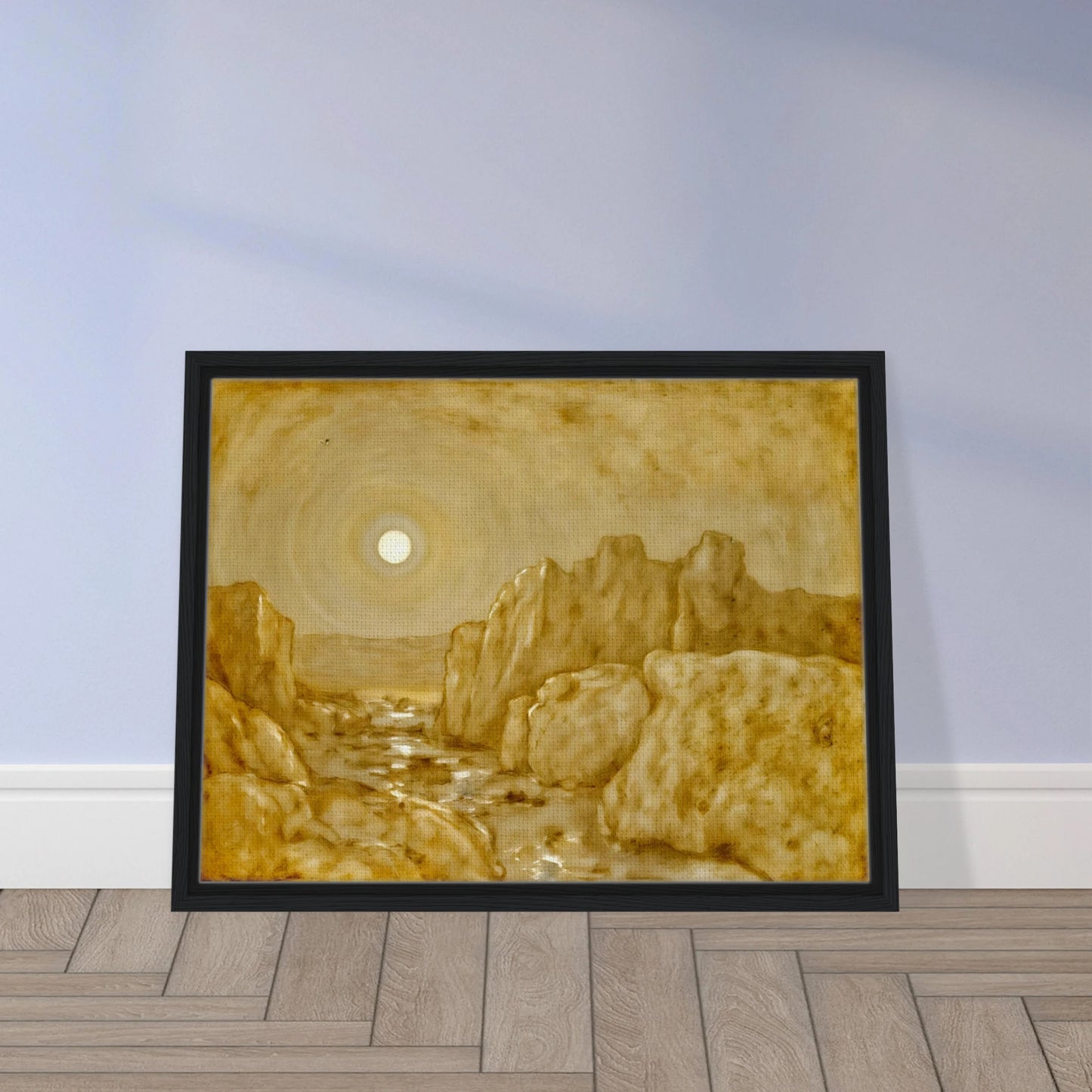 Golden canyon landscape beneath a radiant sun, with weathered stone cliffs and reflective waters glowing in warm sepia tones.