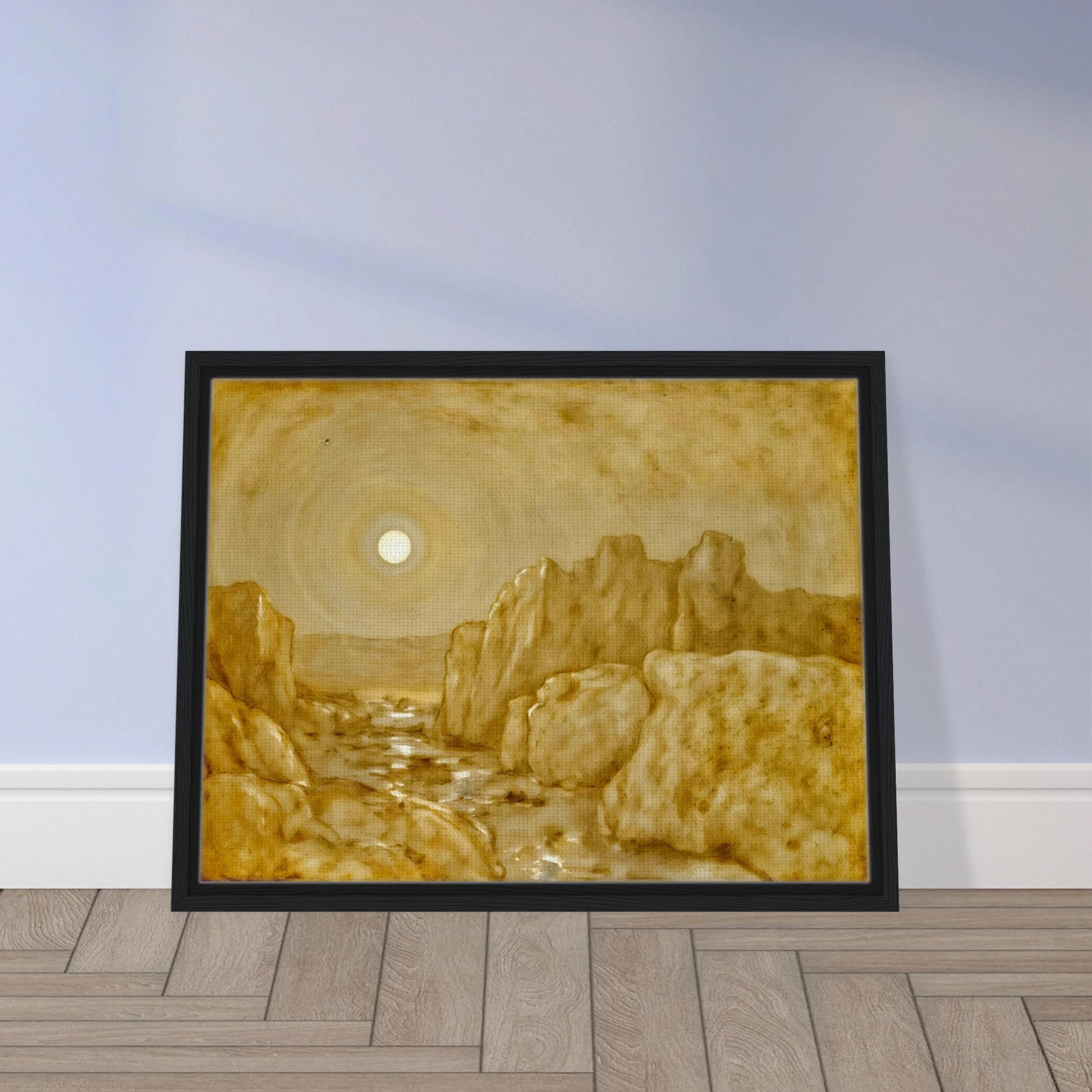 Golden canyon landscape beneath a radiant sun, with weathered stone cliffs and reflective waters glowing in warm sepia tones.