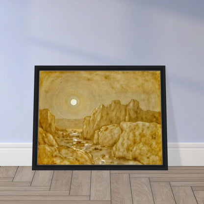 Golden canyon landscape beneath a radiant sun, with weathered stone cliffs and reflective waters glowing in warm sepia tones.