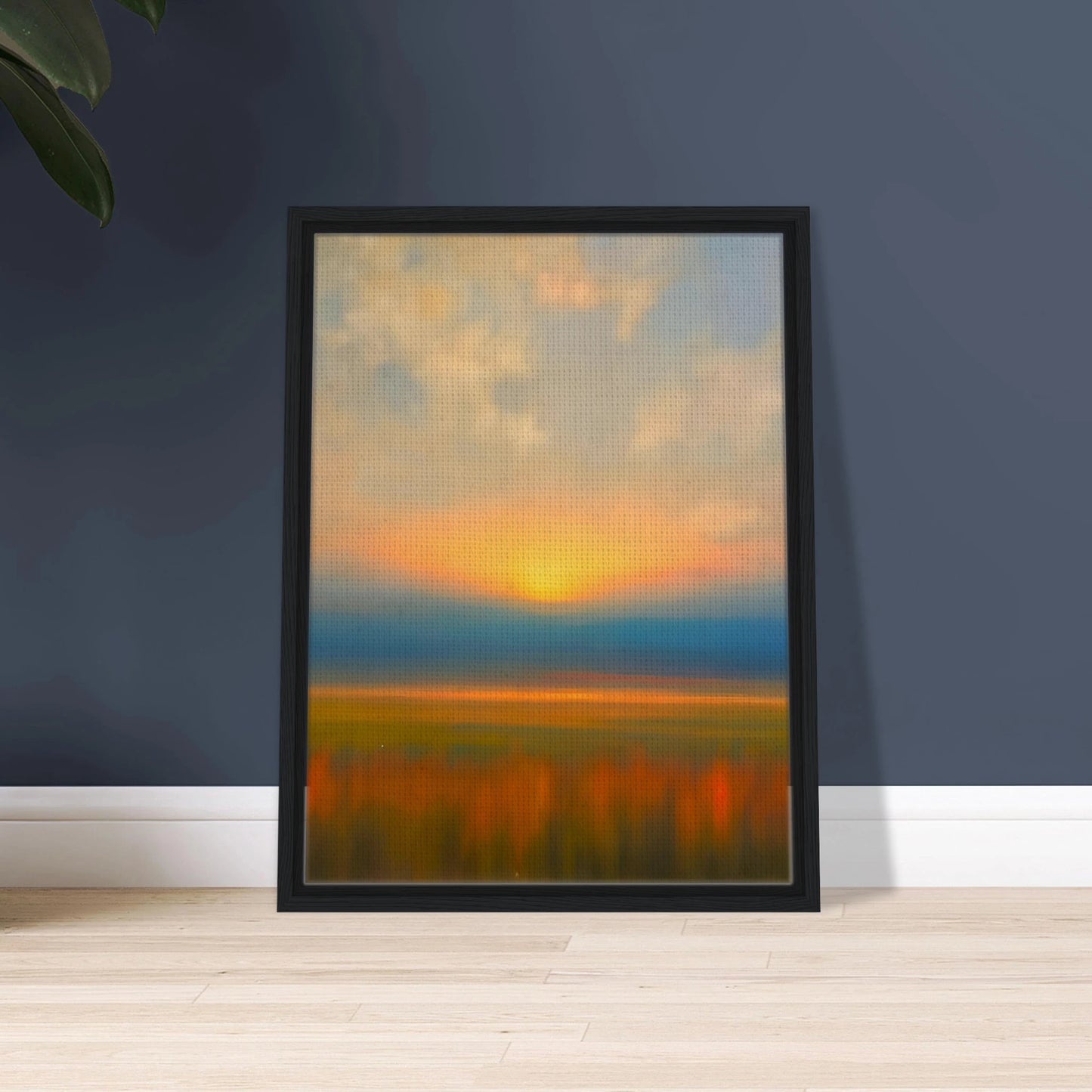 Golden sunset melts into blue horizon above blurred amber fields, creating a tranquil dreamscape of warmth and fading light.