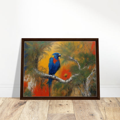 "A vibrant painting of a parrot with blue, red, and yellow feathers perched on a branch, set against a lush, tropical backdrop with rich orange and green hues."