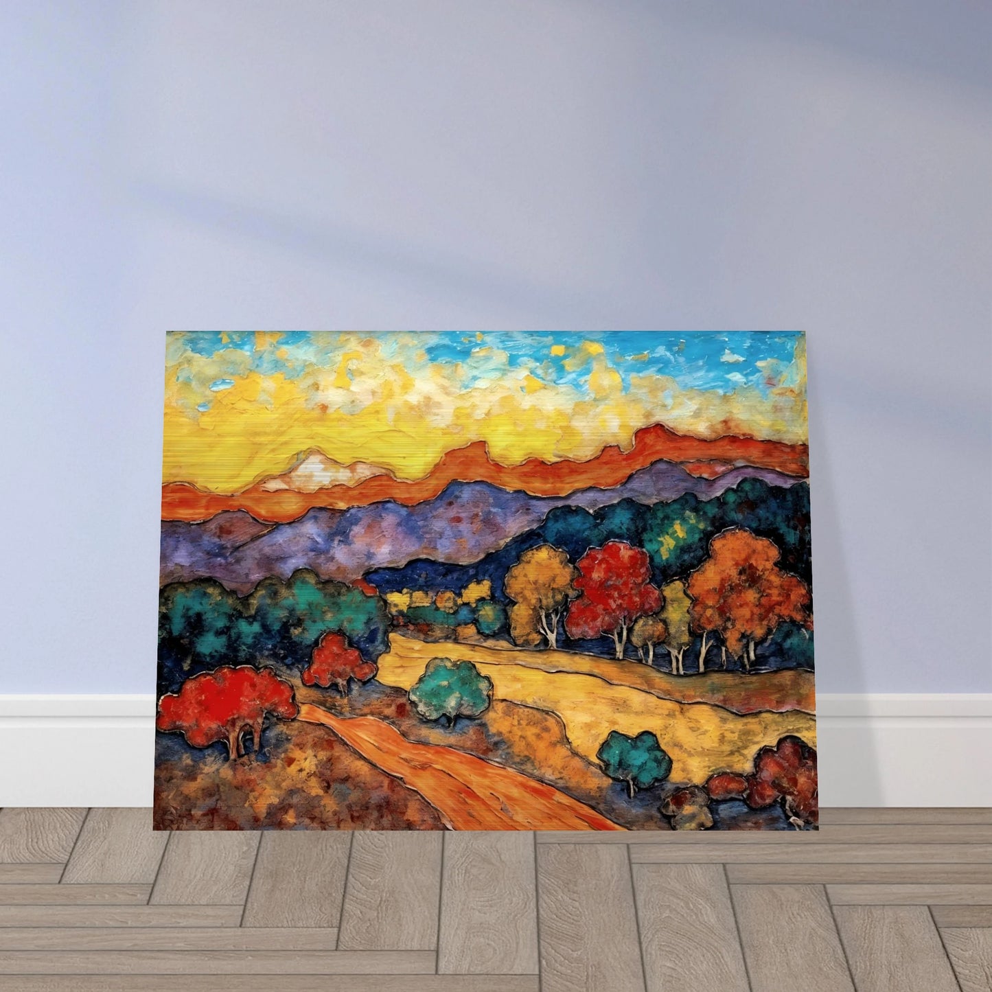 Vivid hills and colorful trees glow beneath a radiant sky, with winding paths crossing a countryside of warm hues.
