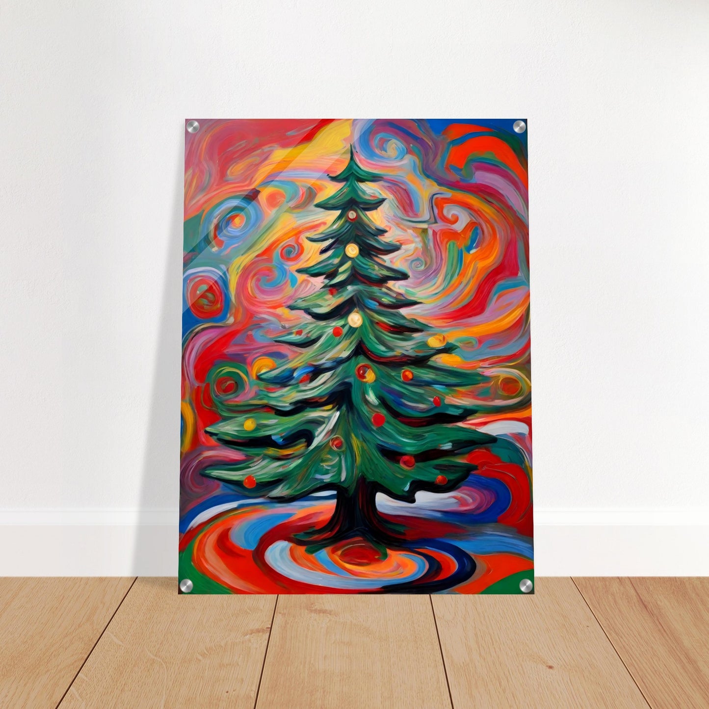 A vivid painting of a decorated Christmas tree surrounded by colorful, swirling patterns in vibrant red, orange, green, and blue hues.

