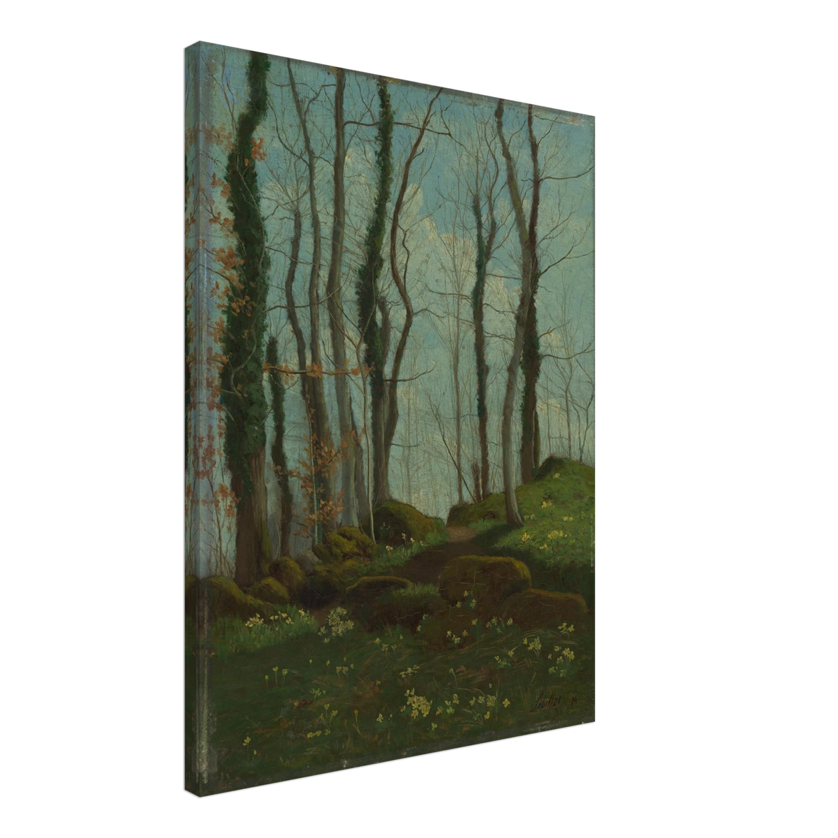 A quiet woodland lane winds through tall trees, mossy rocks, and small flowers under a blue-green sky.