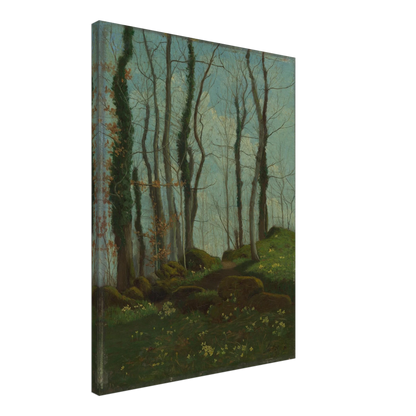 A quiet woodland lane winds through tall trees, mossy rocks, and small flowers under a blue-green sky.