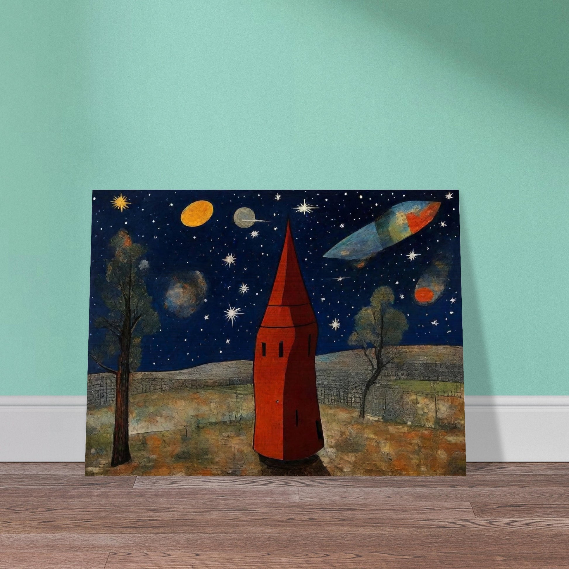 Whimsical scene of a red tower under a starry sky, with planets and a spaceship flying in a cosmic landscape surrounded by trees.