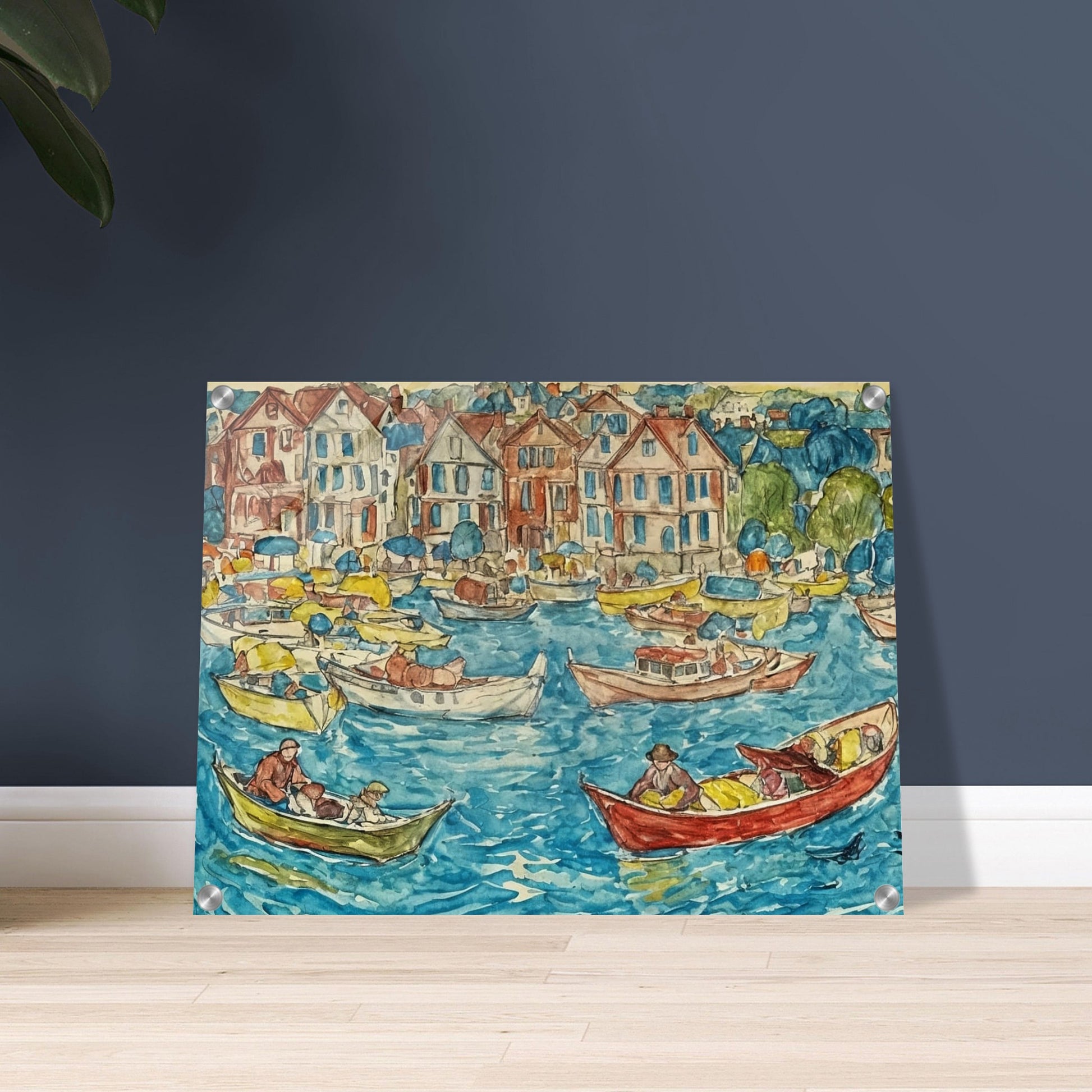 Colorful depiction of a lively harbor with boats and people on a sunny day, with charming houses lining the waterfront.