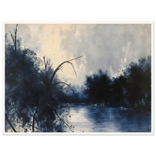 Blue river flows between dark trees beneath a pale cloudy sky in a moody woodland scene.
