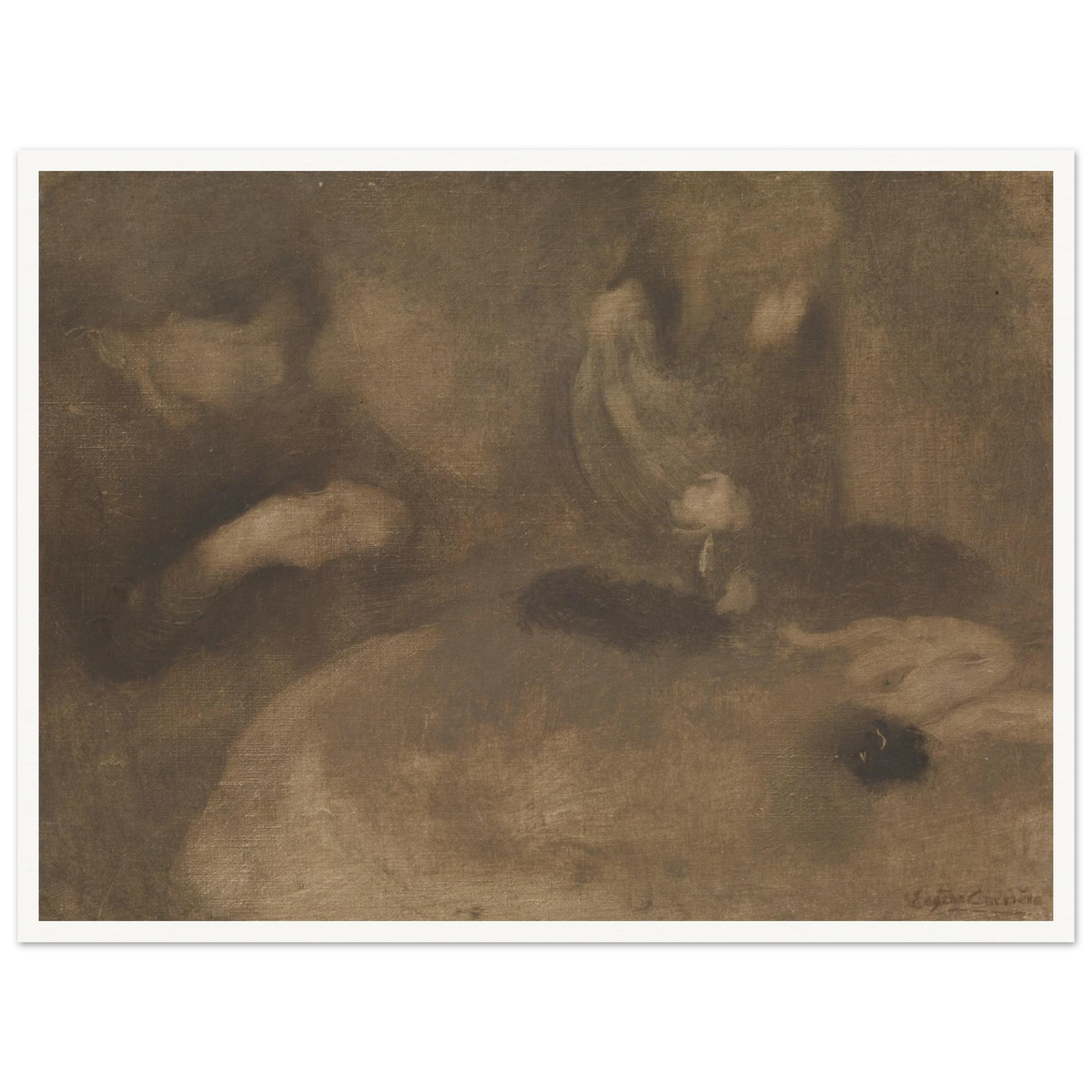 Hazy brown-toned scene of women sewing and winding yarn at a table