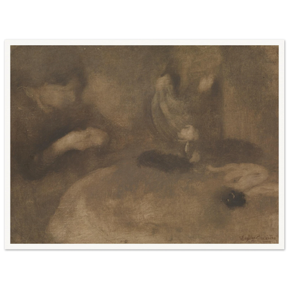 Hazy brown-toned scene of women sewing and winding yarn at a table
