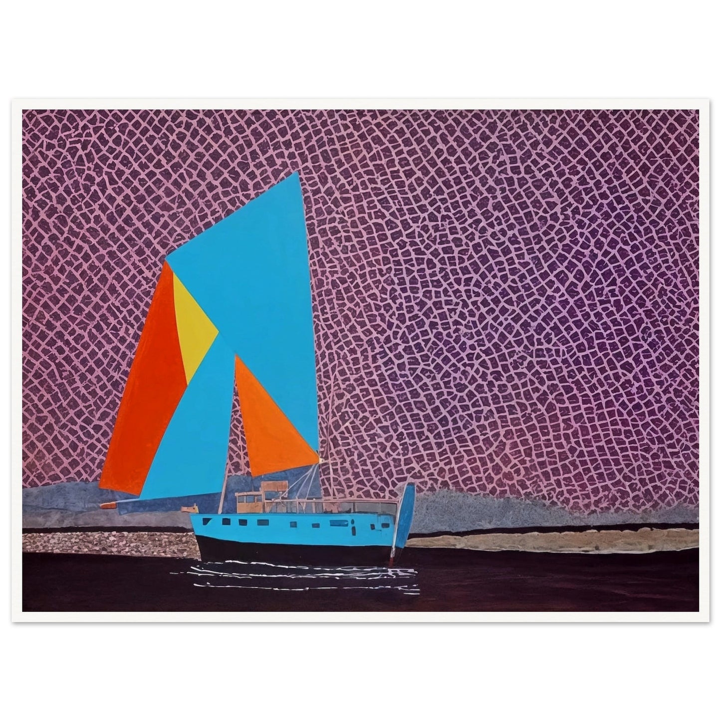 A sailboat with bright, geometric sails of blue, orange, and yellow floats on dark waters beneath a purple, textured sky, evoking adventure and vibrancy.