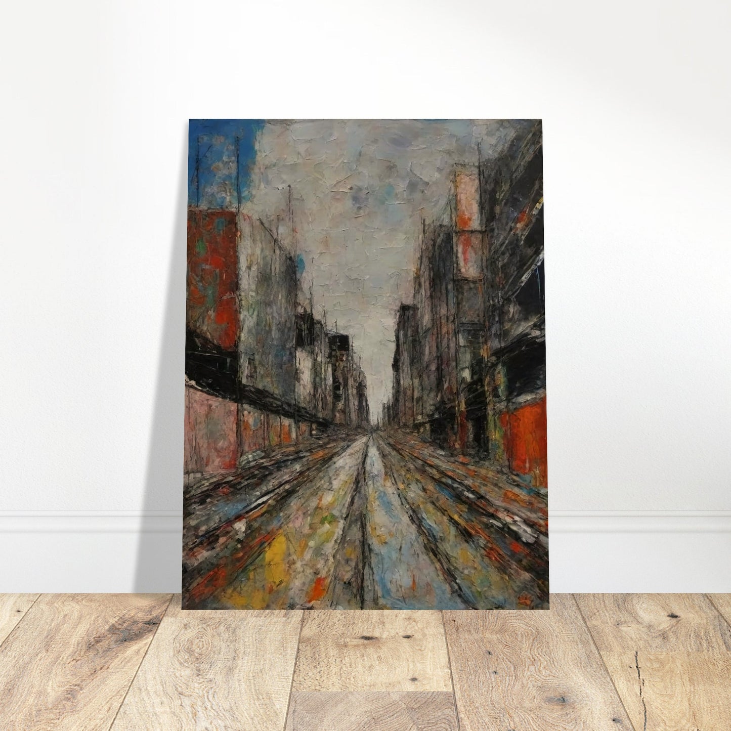 Textured painting of a long urban alley with tall buildings on both sides, leading to a vanishing point under a cloudy sky.