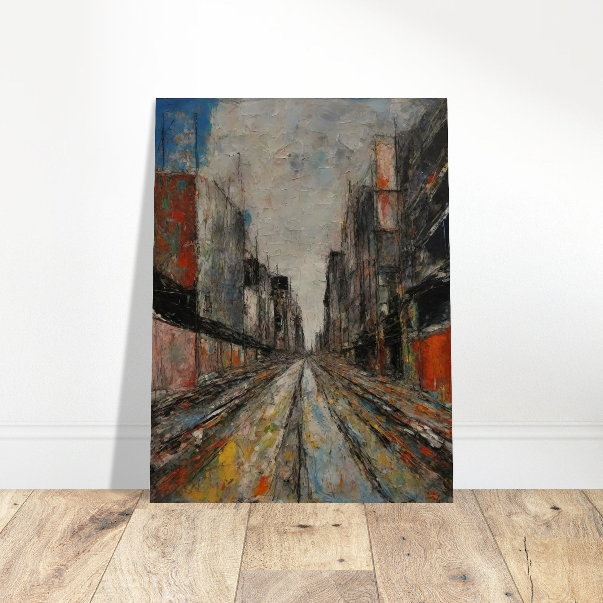 Textured painting of a long urban alley with tall buildings on both sides, leading to a vanishing point under a cloudy sky.