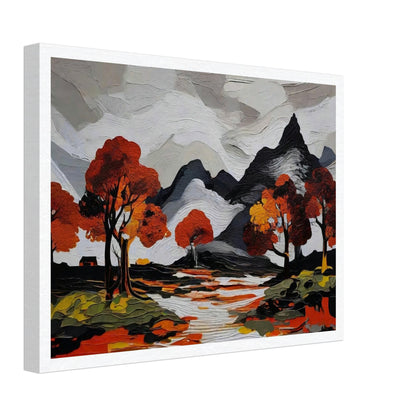 A striking painting of mountains with autumn trees reflected in a river, featuring vivid reds and oranges.