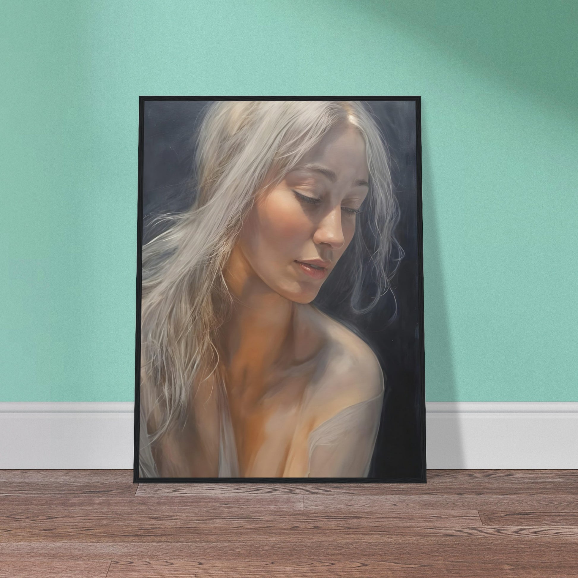 A delicate portrait of a woman with flowing silver hair, softly illuminated against a dark background, her eyes gently lowered in serene contemplation.